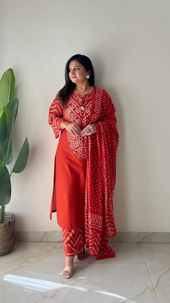 Rust Orange Cotton Bandhani Kurta Set with Dupatta for Women