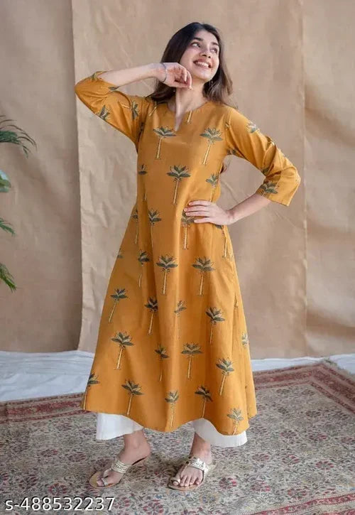 Premium Mustard Printed A-Line Kurti Set
