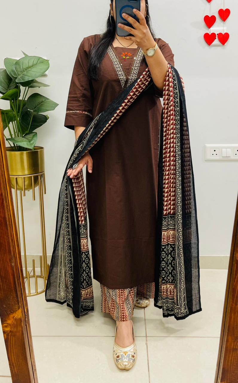 Dabu Cotton Coffee Suit Set with Ajrakh Print Palazzo & Dupatta with Pockets for Women