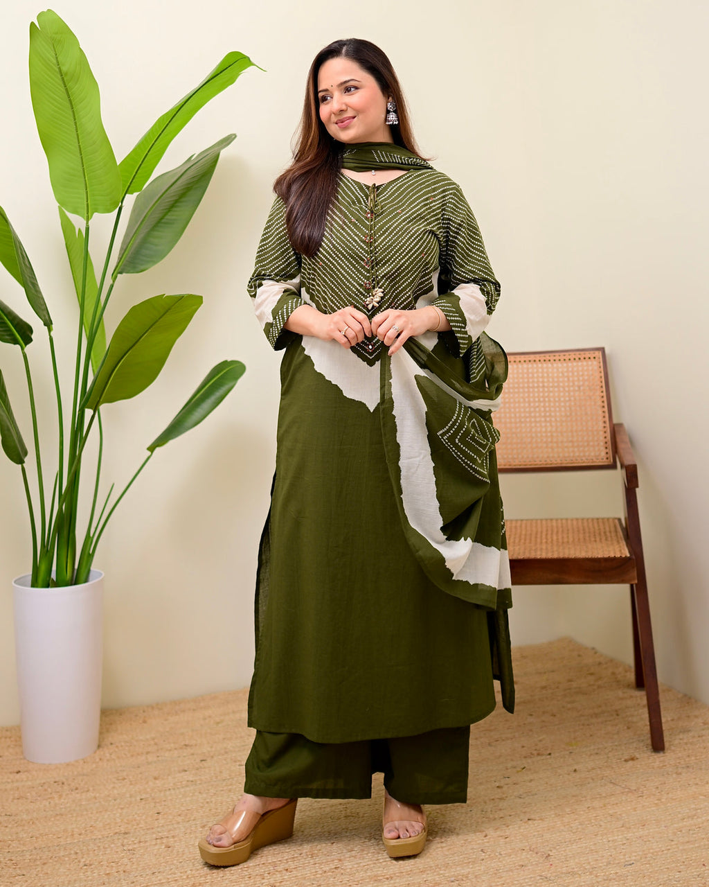 Olive Bandhej Aura Cotton Palazzo Suit