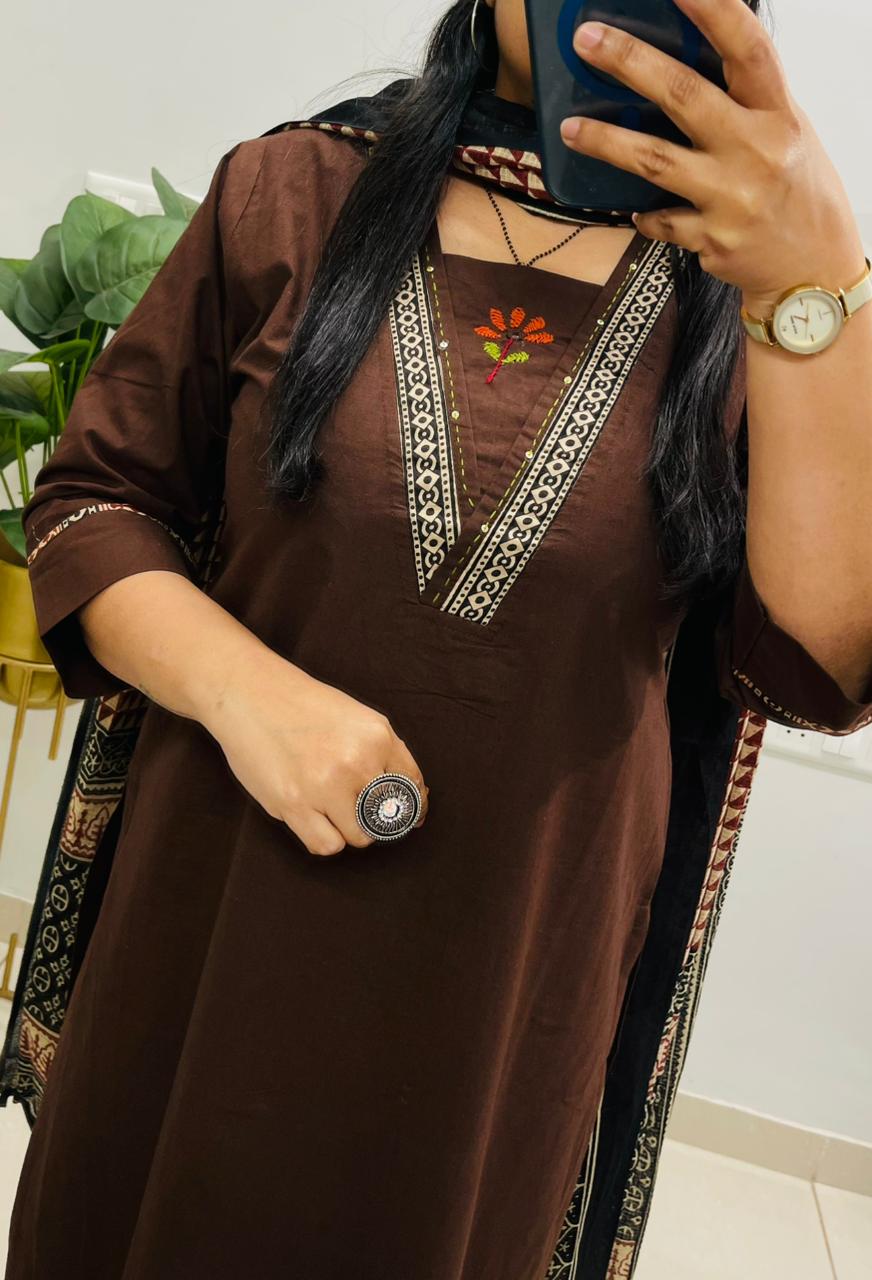Dabu Cotton Coffee Suit Set with Ajrakh Print Palazzo & Dupatta with Pockets for Women