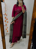 Classic Maroon Straight Kurta Set with Kalamkari Dupatta & Palazzos for Women