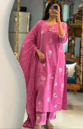 Light pink Straight Suit Set with White Embroidery Accents in Pure Slub Cotton (Linen-like Finish) with Dupatta