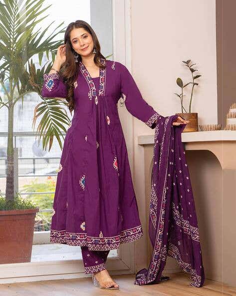 Women Bandhani Printed Cotton Purple Anarkali Kurta With Trousers & Dupatta Set
