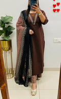 Dabu Cotton Coffee Suit Set with Ajrakh Print Palazzo & Dupatta with Pockets for Women