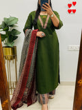Dabu Cotton Green Kurta Set with Ajrakh Print Palazzo & Dupatta for Women