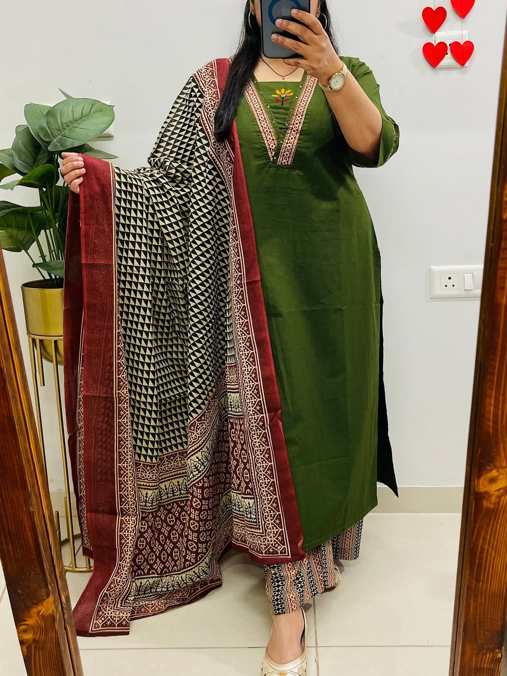 Dabu Cotton Green Kurta Set with Ajrakh Print Palazzo & Dupatta for Women