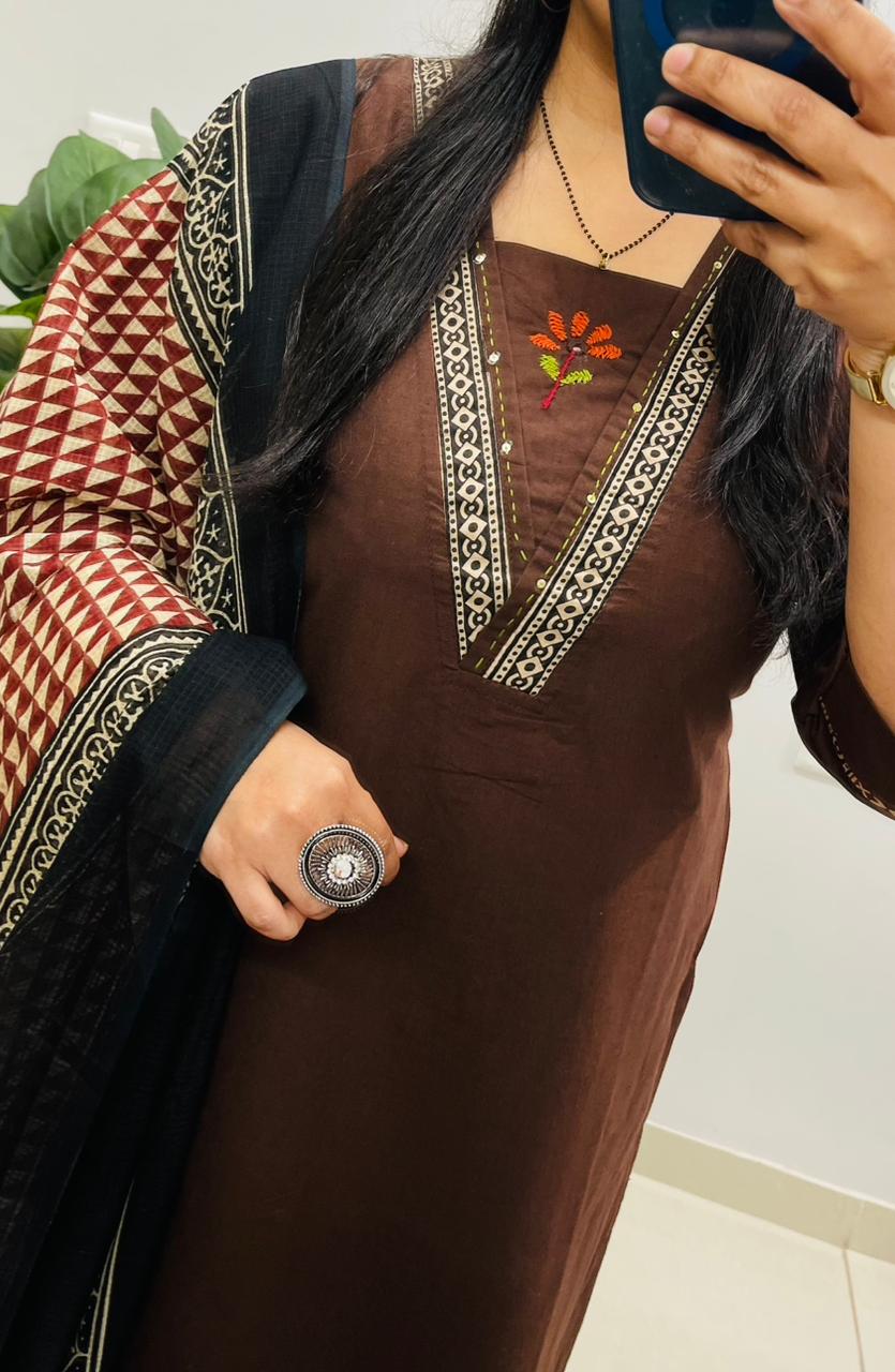 Dabu Cotton Coffee Suit Set with Ajrakh Print Palazzo & Dupatta with Pockets for Women