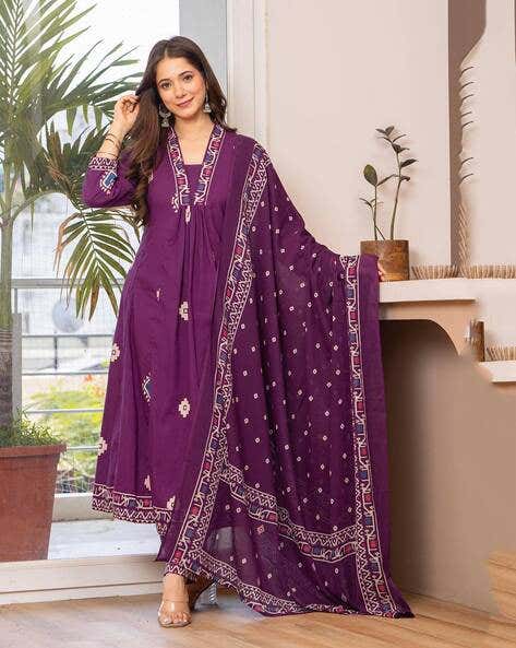 Women Bandhani Printed Cotton Purple Anarkali Kurta With Trousers & Dupatta Set