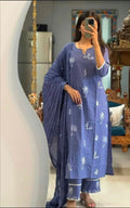 Light blue or lavender Straight Suit Set with White Embroidery Accents in Pure Slub Cotton (Linen-like Finish) with Dupatta