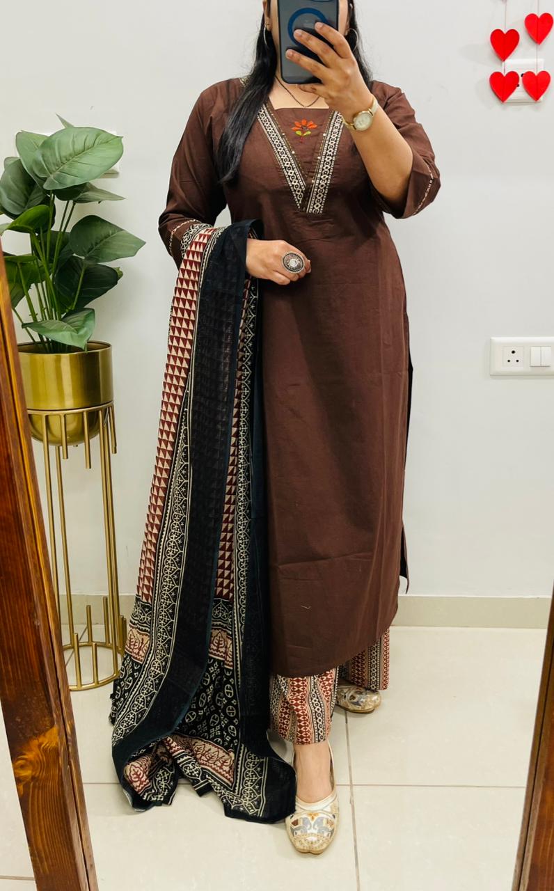 Dabu Cotton Coffee Suit Set with Ajrakh Print Palazzo & Dupatta with Pockets for Women
