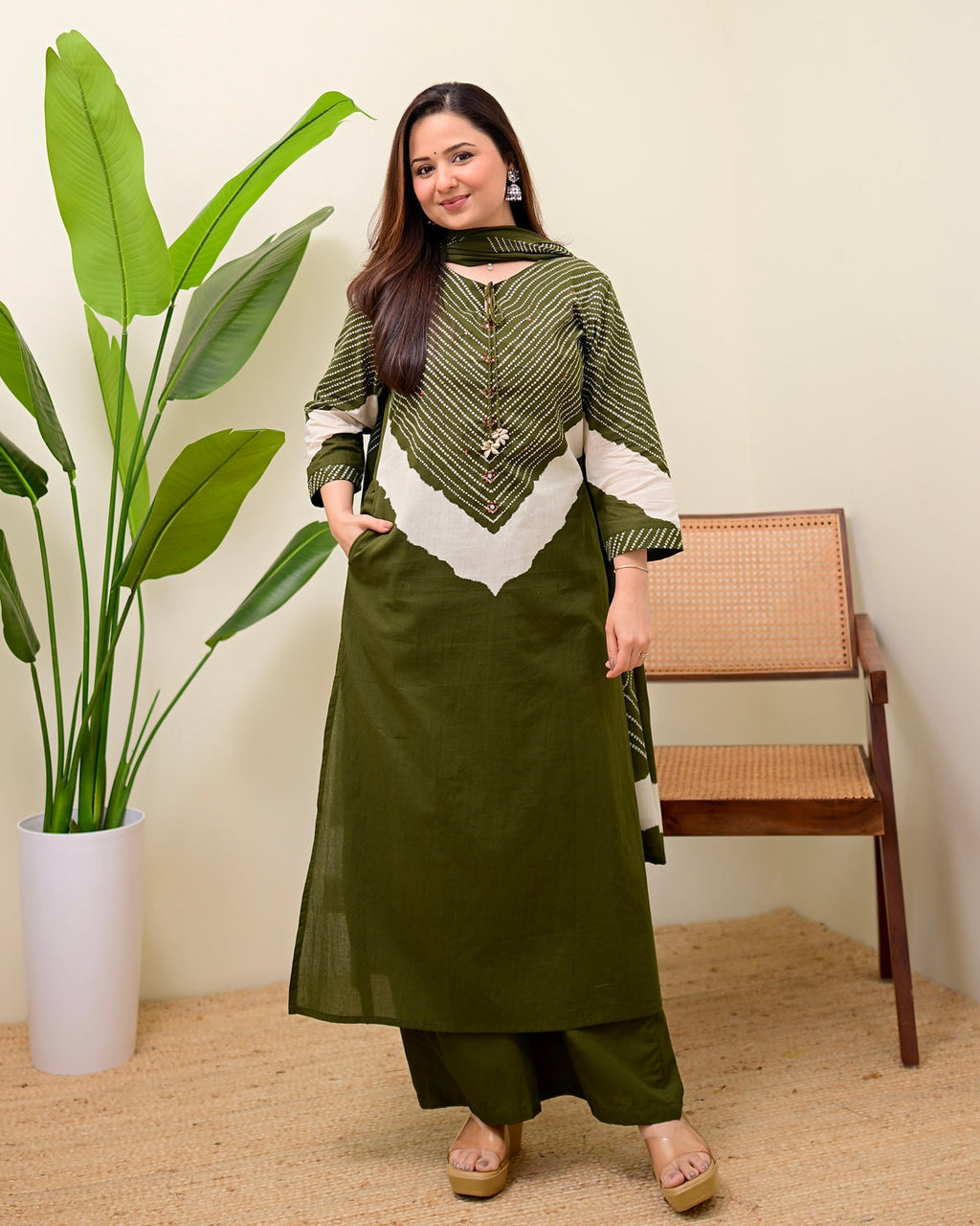 Olive Bandhej Aura Cotton Palazzo Suit