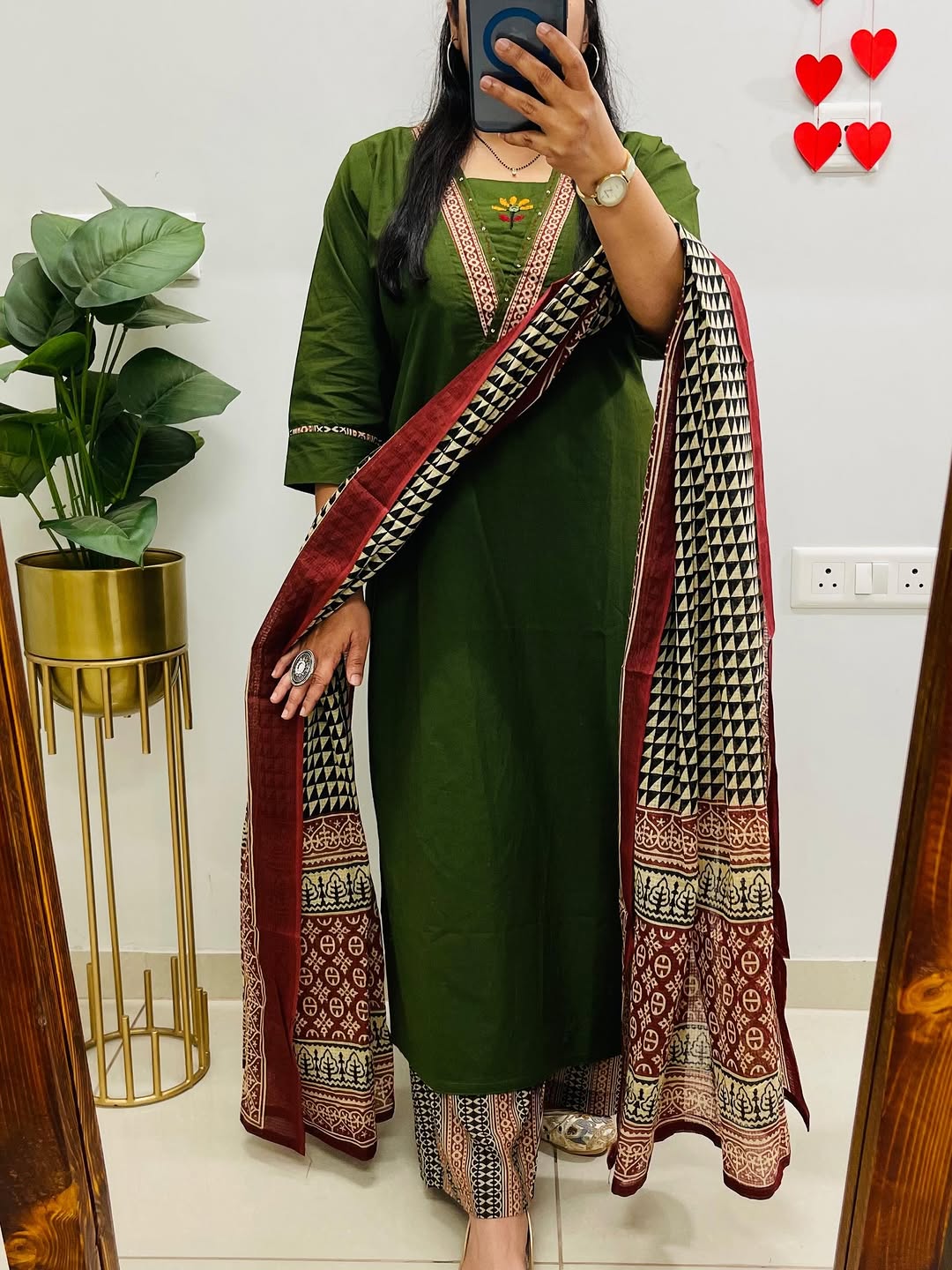 Dabu Cotton Green Kurta Set with Ajrakh Print Palazzo & Dupatta for Women