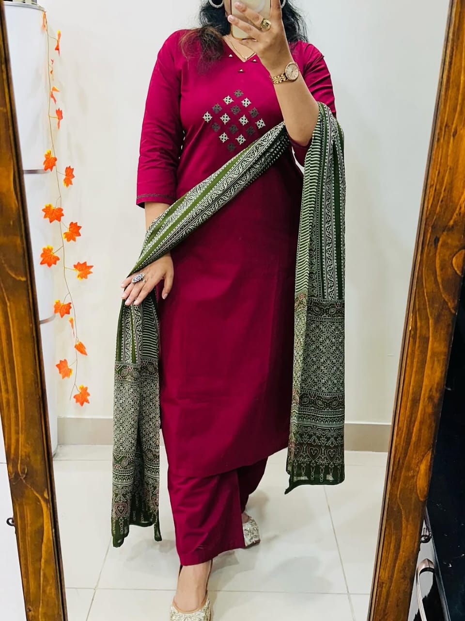 Classic Maroon Straight Kurta Set with Kalamkari Dupatta & Palazzos for Women