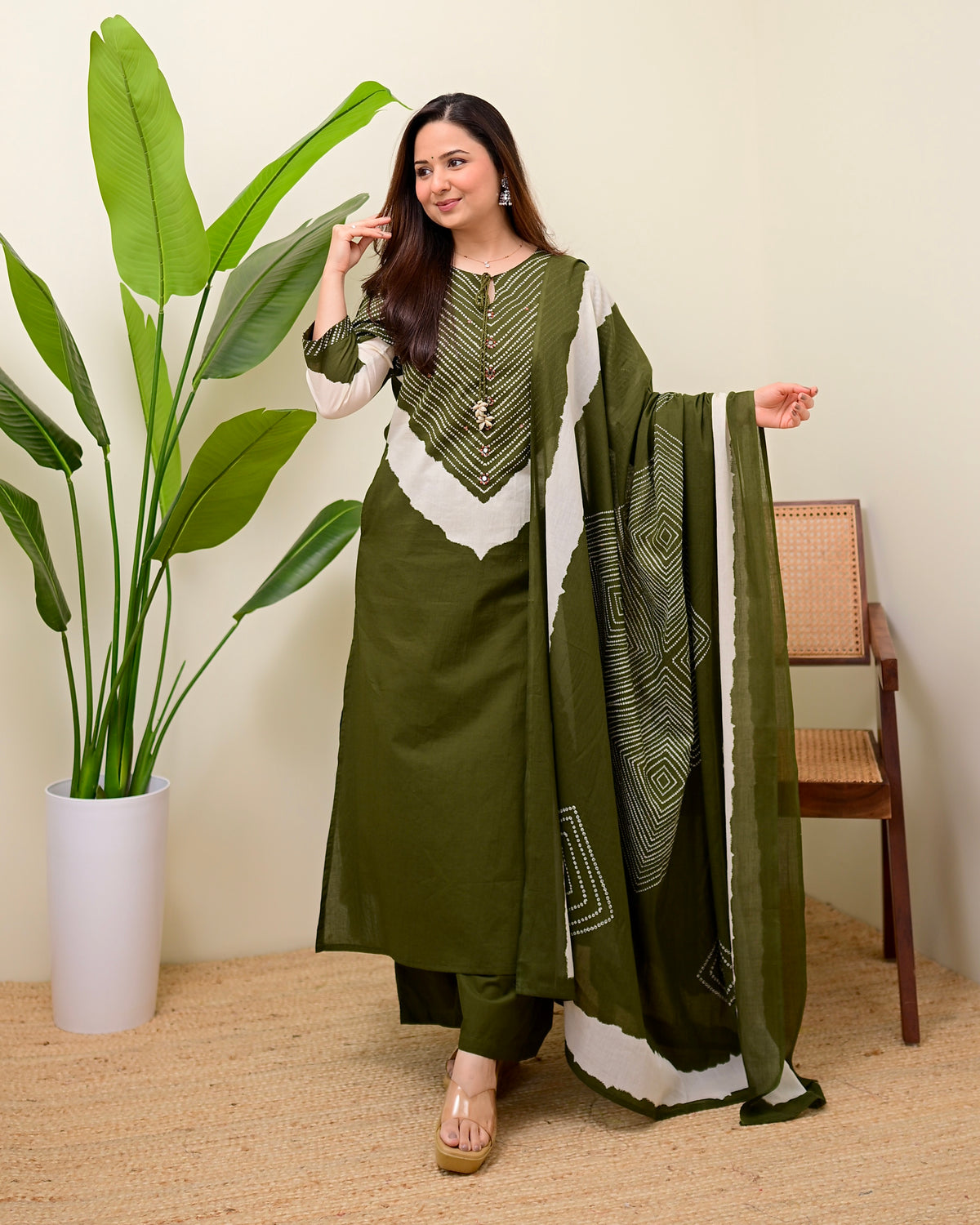 Olive Bandhej Aura Cotton Palazzo Suit