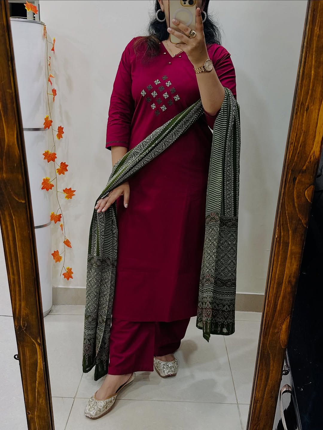 Classic Maroon Straight Kurta Set with Kalamkari Dupatta & Palazzos for Women
